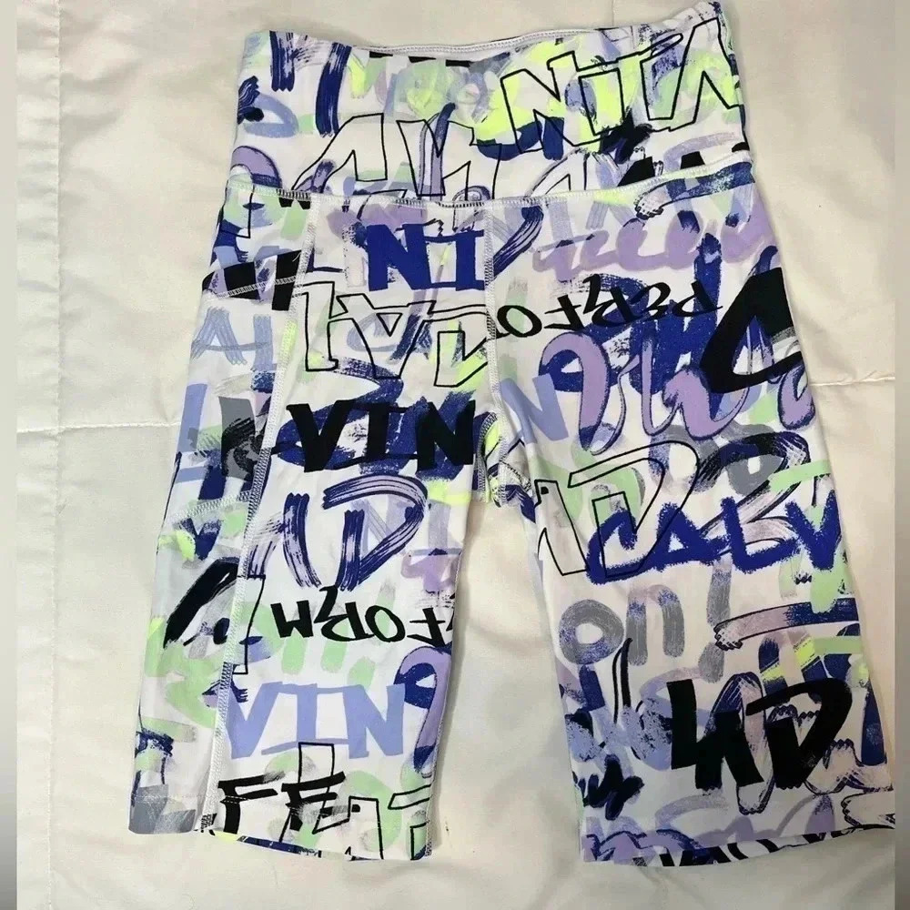 Calvin Klein LOGO Graffiti Print High Waisted Stretchy Biker Shorts Size XS NWOT